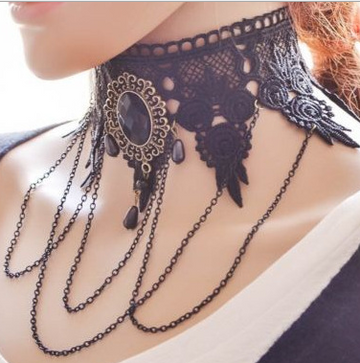 Vintage Gothic Black Rhinestone Lace Layered Chain Collar Necklace Choker Women C558