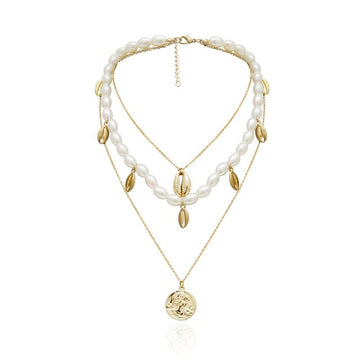 Pearls Multi-Layer Necklace Cross Pendant Gold Coin Jewelry