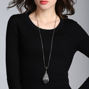 Leaf Crystal Long Necklace Fashion Gray Pendant