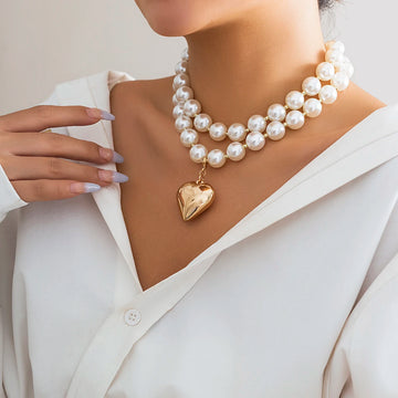 Imitation Pearl Beads Heart Designer Elegant Necklace Big Heart Pendant Choker Jewelry