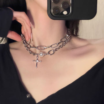 Rhinestone Cross Pearl Necklace Chain Metal Choker