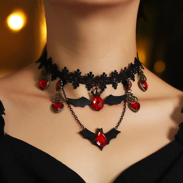Black Elegant Red Bat Halloween Lace Choker Necklace KT021
