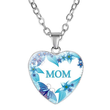 Mom Love Heart Mother's Day Necklace Cute Dainty Pendant Chain Gemstone Red Silver Blue