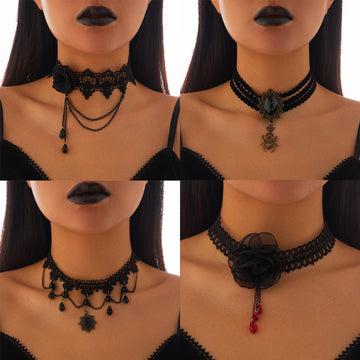 Goth Punk Lace Choker Necklace Spider Web Halloween Pumpkin Festival Spicy Girl Water Drop Crystal Clavicle Chain