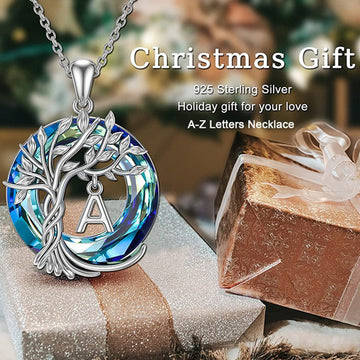 Tree of Life A to P Alphabet Initial Necklace Round Blue Austrian Crystal Women's Pendant