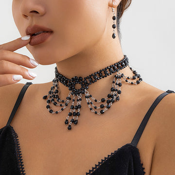 Black Silver Elegant Beaded Choker Necklace + Earrings Set 4733