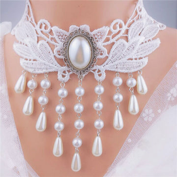 Gothic Black White Beaded Water Drop Choker Necklace Personality Multi-Layer Crystal Lace Necklace Choker Clavicle Chain C1027