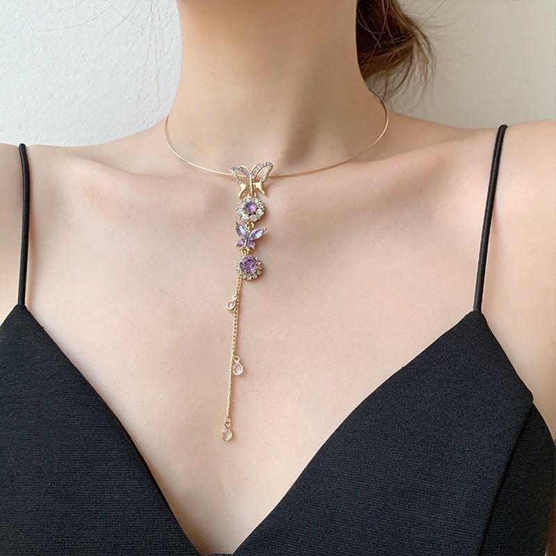Butterfly Flower Pearl Purple Crystal Zircon Round Choker Necklace XL334