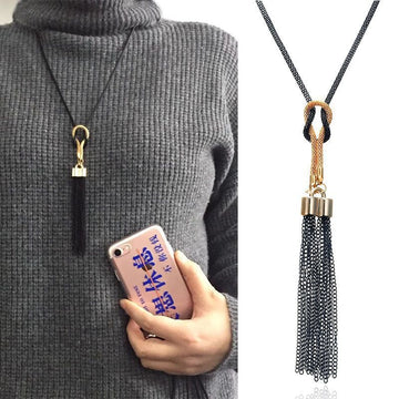 Long Black Gold Beaded Tassel Sweater Chain Accessory Necklace