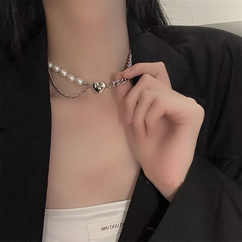 Beautiful Heart Pearl Love Necklace Metal Chain