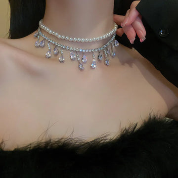 Luxury Pearl Tassel Water Drop Zircon Crystal Choker Necklace Jewelry