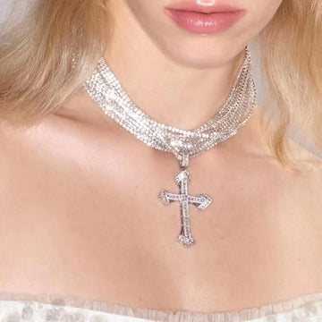 Jesus Cross Gothic Shiny Rhinestone Chain With Cross Pendant Choker Necklace