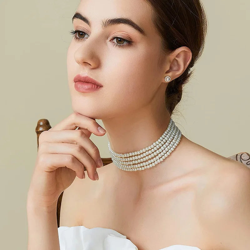 White Pearl Beaded Elegant Choker Necklace Fashion Multi-Layer Wedding Necklace Vintage Jewelry