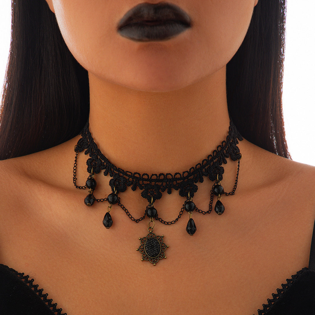 Goth Punk Lace Choker Necklace Spider Web Halloween Pumpkin Festival Spicy Girl Water Drop Crystal Clavicle Chain