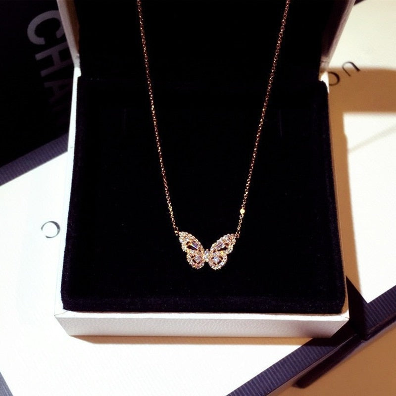 Cute Butterfly Pendant Rose Gold Silver Color Long Chain Necklace Fashion Jewelry