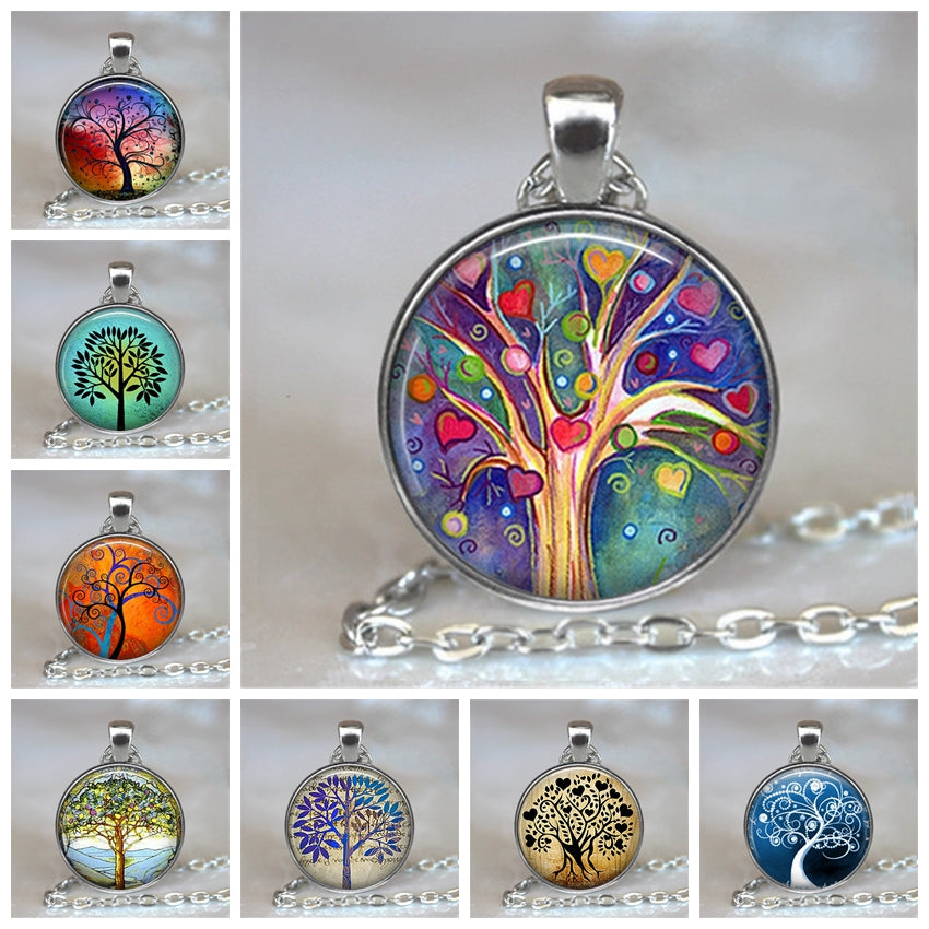 Tree Of Life Glass Cabochon Gemstone Designer Elegant Necklace Pendant Multi-Color Jewelry