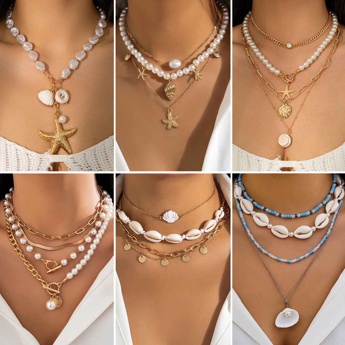 Beach Imitation Pearl Necklace Starfish Shell Seashell Sun Moon Beaded Necklace Choker Elegant Designer Fashion