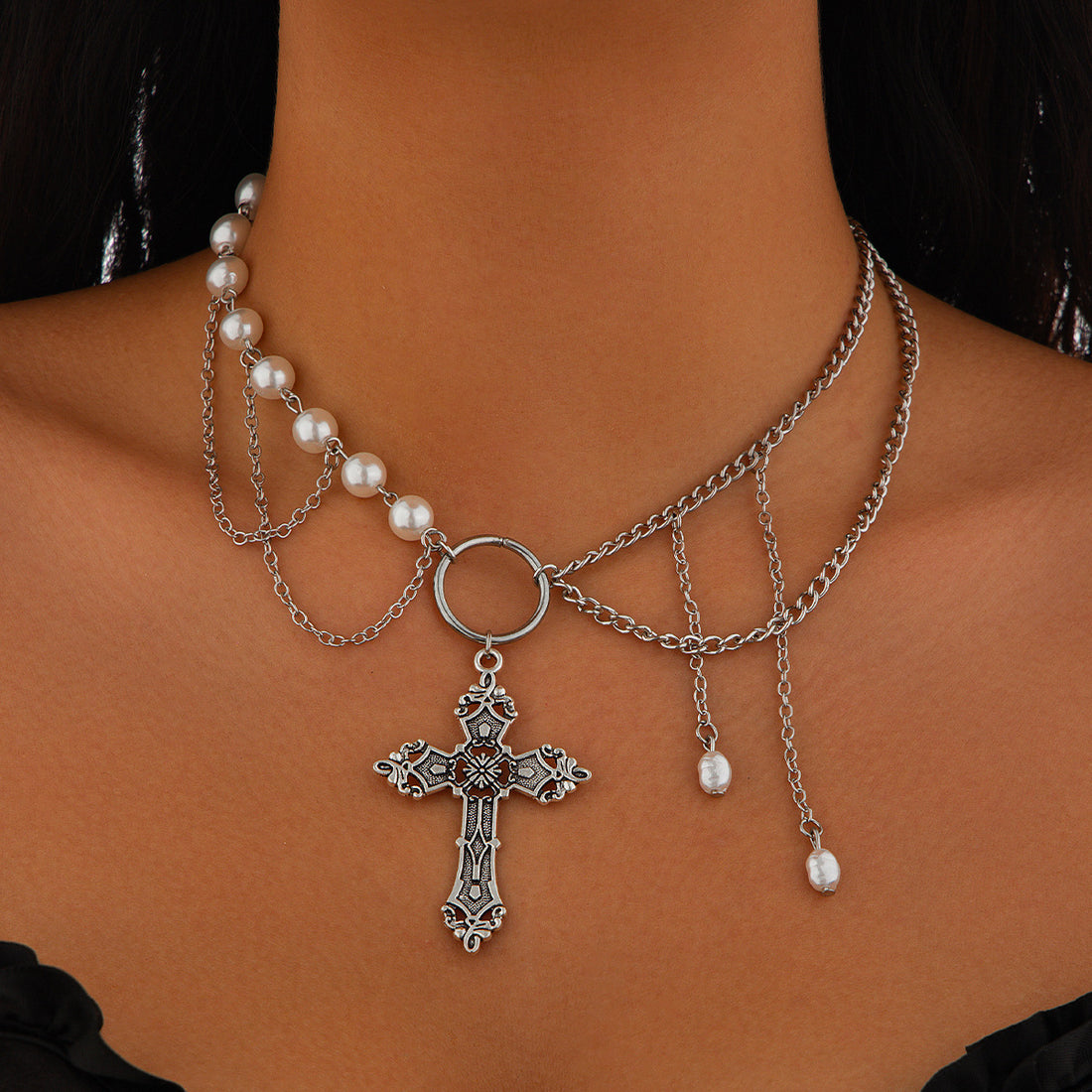 Cross Star Beaded Multi-Layer Necklace Gothic Style Chain