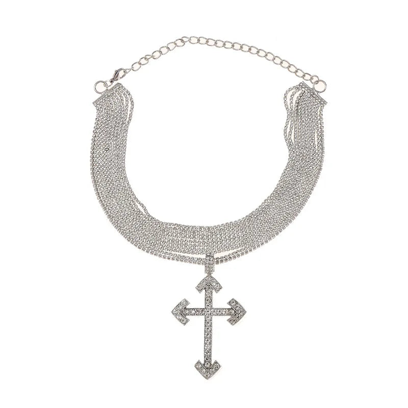 Jesus Cross Gothic Shiny Rhinestone Chain With Cross Pendant Choker Necklace