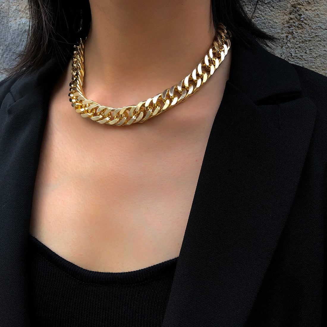 Chunky Gold Silver Collar Choker Necklace Bracelet Simple Minimalist Punk Hip Hop Curb Cuban