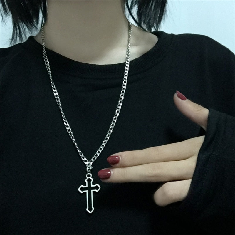 Vintage Gothic Hollow Cross Pendant Necklace Silver Cool Street Style Jewelry