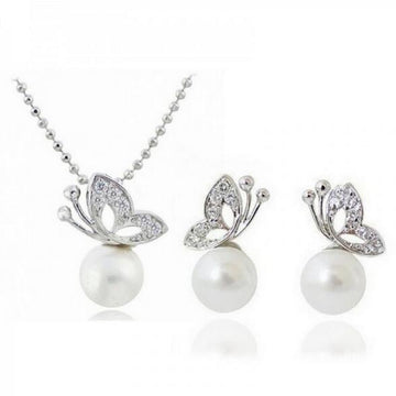 Butterfly Imitation Pearl Earrings Necklace Pendant Designer Jewelry Set Wedding