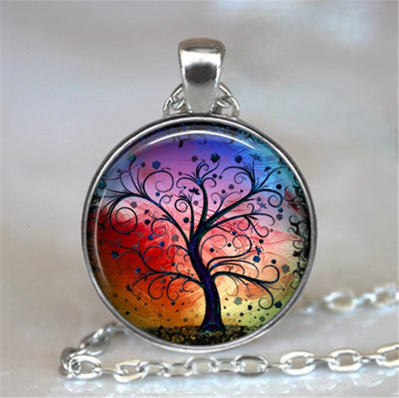 Tree Of Life Glass Cabochon Gemstone Designer Elegant Necklace Pendant Multi-Color Jewelry