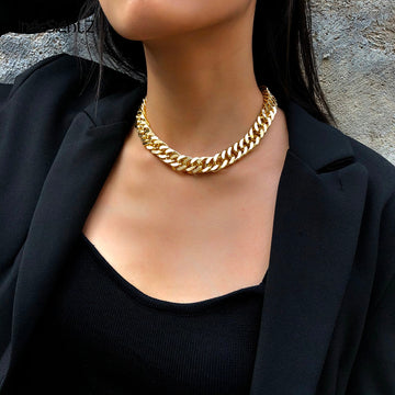 Chunky Gold Silver Collar Choker Necklace Bracelet Simple Minimalist Punk Hip Hop Curb Cuban