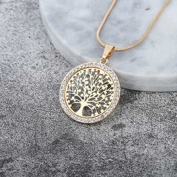 Tree of Life Circle Round Pendant Necklace Designer Elegant Crystal Gold Silver Rose Gold Color Women Jewelry Gifts