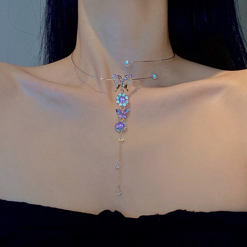 Butterfly Flower Pearl Purple Crystal Zircon Round Choker Necklace XL334