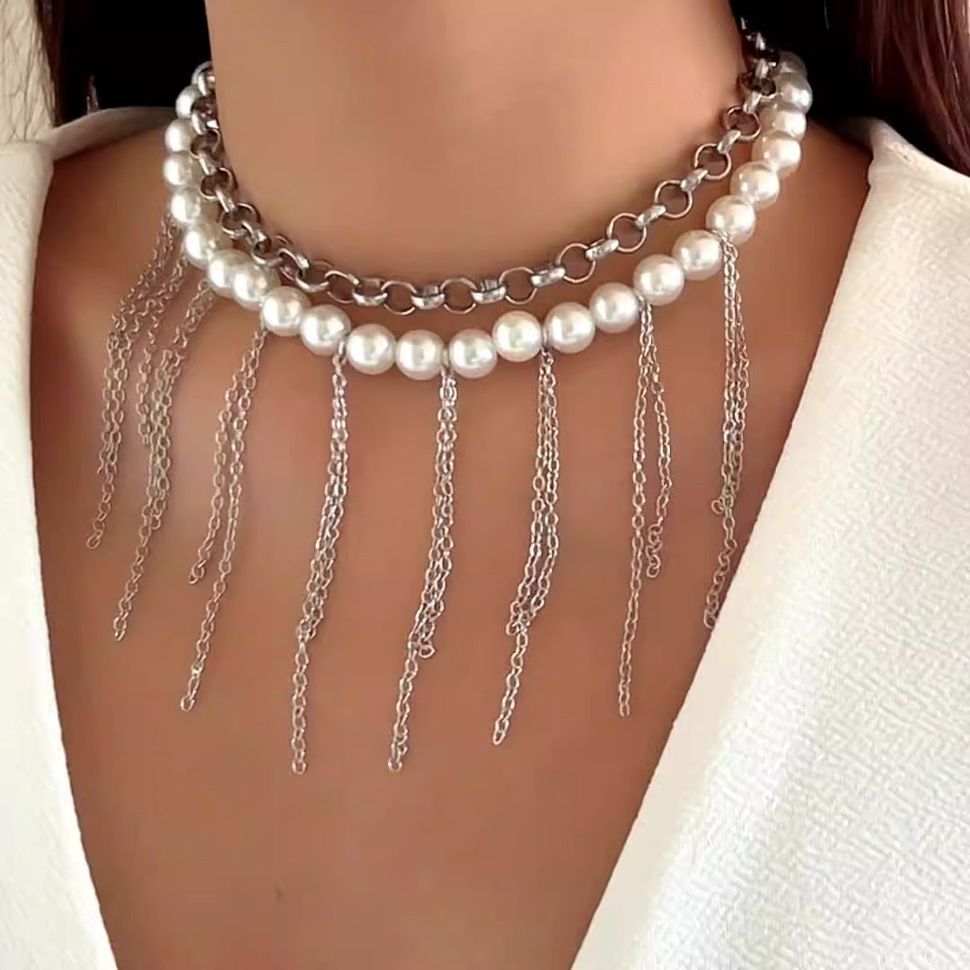 Double Layered Imitation Pearl Tassel Chain Design Vintage Women's Necklace Jewelry