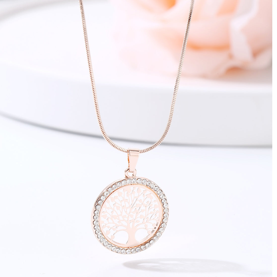 Tree of Life Circle Round Pendant Necklace Designer Elegant Crystal Gold Silver Rose Gold Color Women Jewelry Gifts