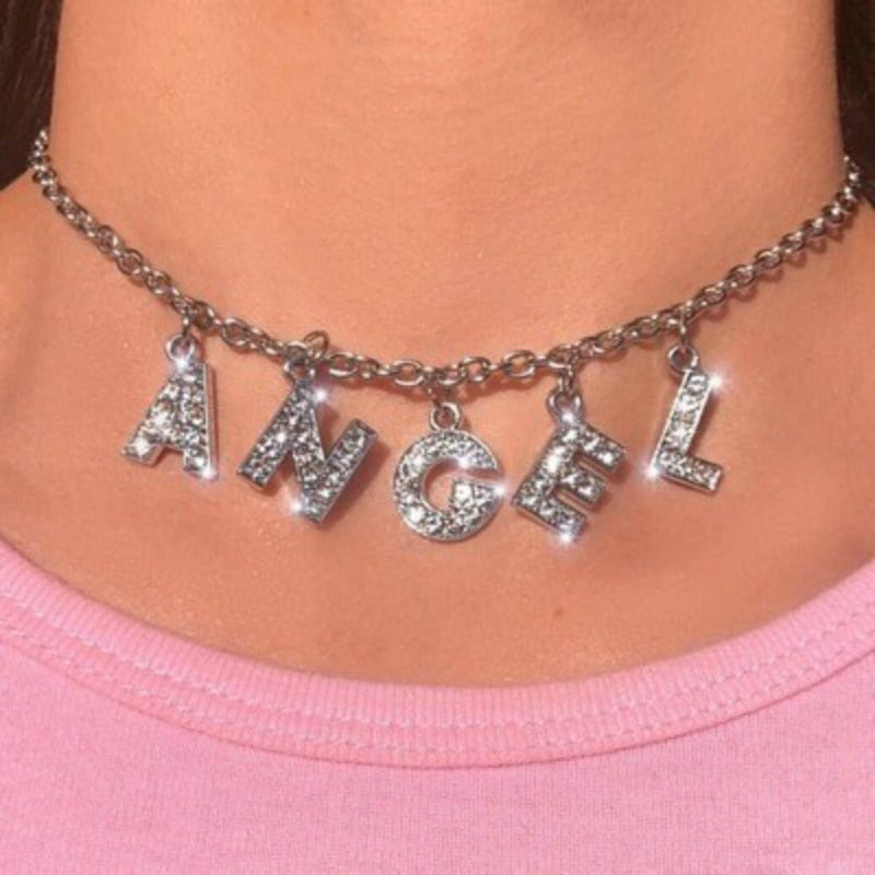 Angel Bitch Necklace Jewelry Personality Fashion Rhinestone Letter Women