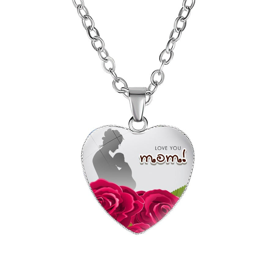 Mom Love Heart Mother's Day Necklace Cute Dainty Pendant Chain Gemstone Red Silver Blue