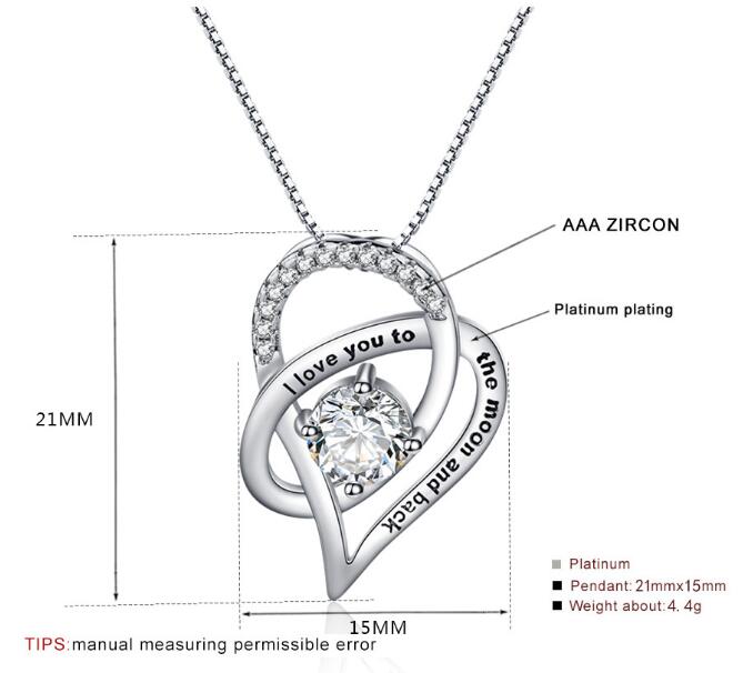 I Love You to The Moon And Back Heart Necklace Mother's Day AAA Zirconia Party Fashion CZ Pendant