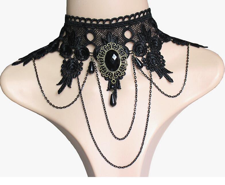 Vintage Gothic Black Rhinestone Lace Layered Chain Necklace Choker Bracelet Earrings C558 Sequence Set Women