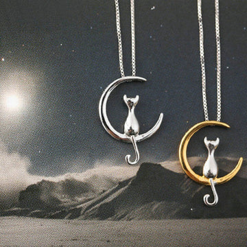 Cute Cat On Moon Elegant Designer Fashion Pendant Necklace Silver Gold