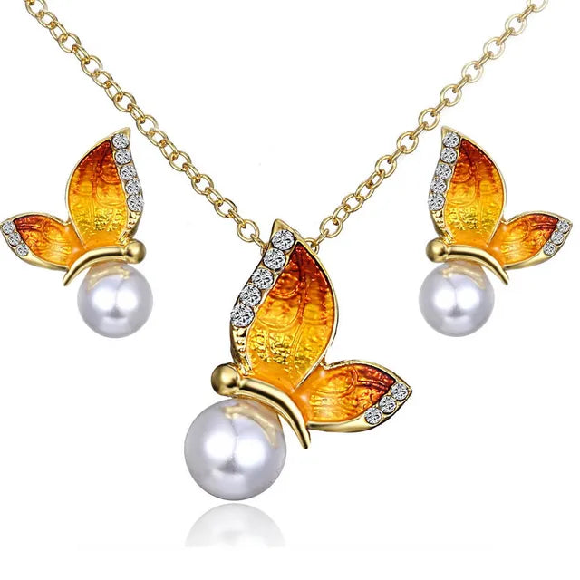 Butterfly Imitation Pearl Earrings Necklace Pendant Beautiful Set Wedding Jewelry