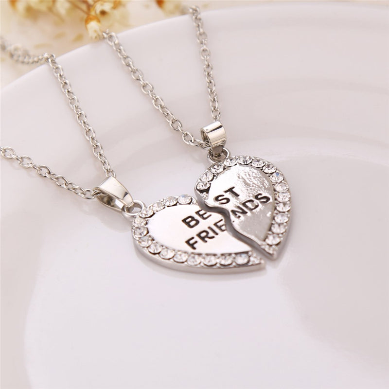 2 Pieces Best Friends BFF Crystal Heart Necklace Pendant