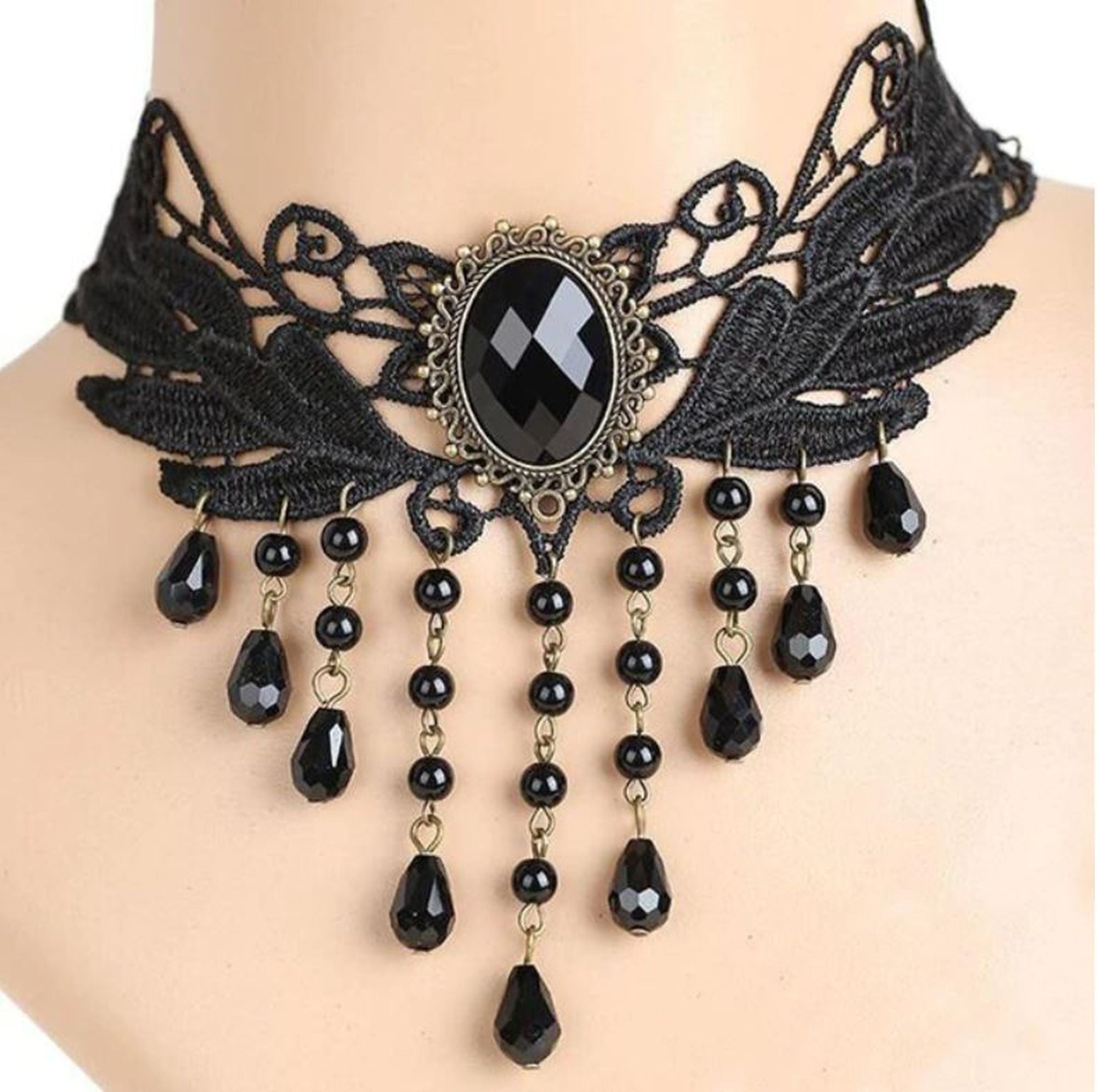 Gothic Black White Beaded Water Drop Choker Necklace Personality Multi-Layer Crystal Lace Necklace Choker Clavicle Chain C9852