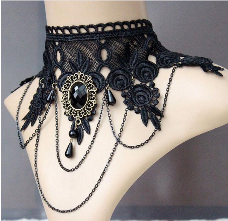 Vintage Gothic Black Rhinestone Lace Layered Chain Collar Necklace Choker Women C558
