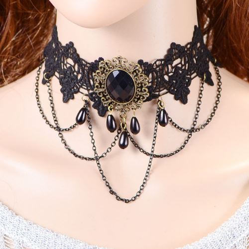 Gothic Black White Beaded Water Drop Choker Necklace Personality Multi-Layer Crystal Lace Necklace Choker Clavicle Chain SC6623