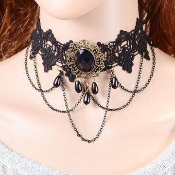 Gothic Black White Beaded Water Drop Choker Necklace Personality Multi-Layer Crystal Lace Necklace Choker Clavicle Chain C501