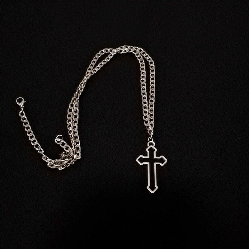 Vintage Gothic Hollow Cross Pendant Necklace Silver Cool Street Style Jewelry