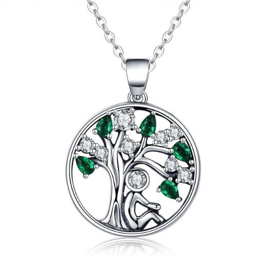 925 Sterling Silver Tree of Life Pendant Necklaces Clear Green CZ SCN094