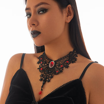 Gothic Style Black Red Choker Necklace Halloween Party Geometric Lace Collarbone Chain