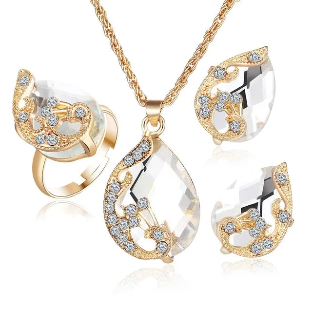 Beautiful Crystal Peacock Jewelry Sets Necklace Earring Ring Wedding