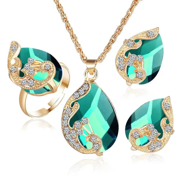 Beautiful Crystal Peacock Jewelry Sets Necklace Earring Ring Wedding
