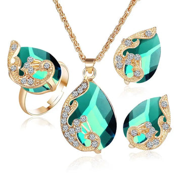 Beautiful Crystal Peacock Jewelry Sets Necklace Earring Ring Wedding