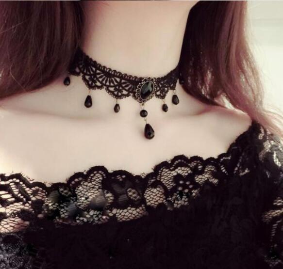 Gothic Black White Beaded Water Drop Choker Necklace Personality Multi-Layer Crystal Lace Necklace Choker Clavicle Chain C275